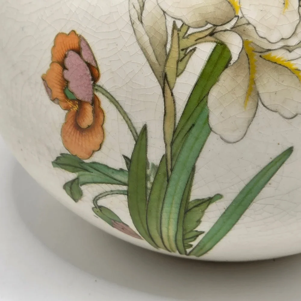 Vintage Satsuma Style Crackle Glaze Bud Vase Iris Butterfly Floral Ceramic Japan